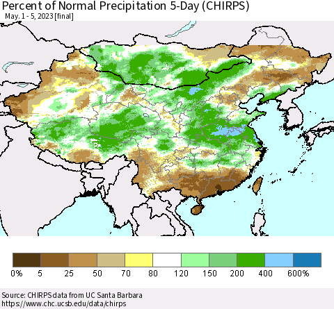 China, Mongolia and Taiwan Percent of Normal Precipitation 5-Day (CHIRPS) Thematic Map For 5/1/2023 - 5/5/2023