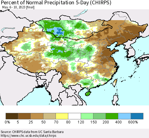 China, Mongolia and Taiwan Percent of Normal Precipitation 5-Day (CHIRPS) Thematic Map For 5/6/2023 - 5/10/2023
