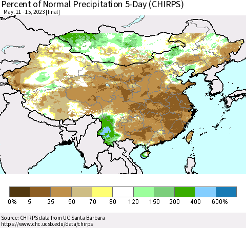 China, Mongolia and Taiwan Percent of Normal Precipitation 5-Day (CHIRPS) Thematic Map For 5/11/2023 - 5/15/2023