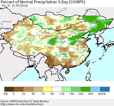 China, Mongolia and Taiwan Percent of Normal Precipitation 5-Day (CHIRPS) Thematic Map For 5/16/2023 - 5/20/2023