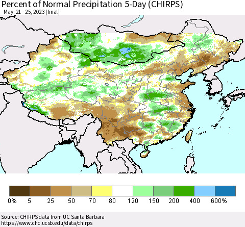 China, Mongolia and Taiwan Percent of Normal Precipitation 5-Day (CHIRPS) Thematic Map For 5/21/2023 - 5/25/2023