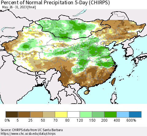 China, Mongolia and Taiwan Percent of Normal Precipitation 5-Day (CHIRPS) Thematic Map For 5/26/2023 - 5/31/2023