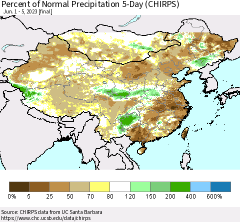 China, Mongolia and Taiwan Percent of Normal Precipitation 5-Day (CHIRPS) Thematic Map For 6/1/2023 - 6/5/2023