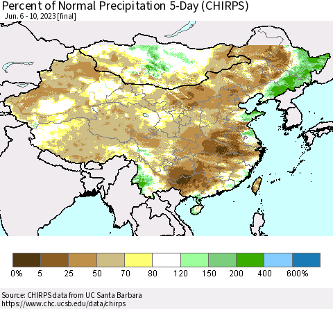 China, Mongolia and Taiwan Percent of Normal Precipitation 5-Day (CHIRPS) Thematic Map For 6/6/2023 - 6/10/2023