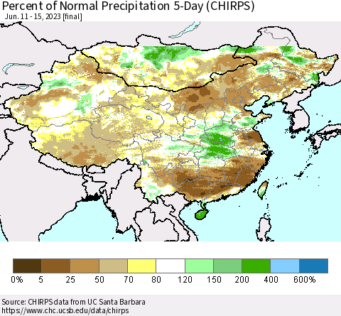 China, Mongolia and Taiwan Percent of Normal Precipitation 5-Day (CHIRPS) Thematic Map For 6/11/2023 - 6/15/2023