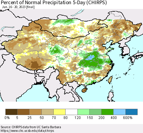 China, Mongolia and Taiwan Percent of Normal Precipitation 5-Day (CHIRPS) Thematic Map For 6/16/2023 - 6/20/2023