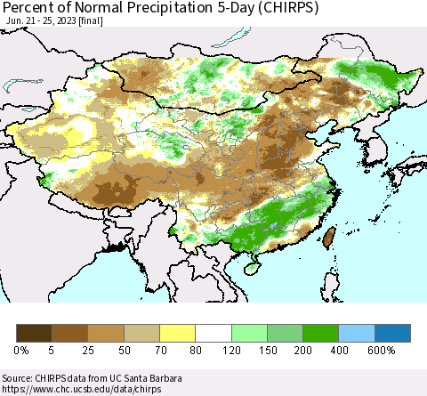 China, Mongolia and Taiwan Percent of Normal Precipitation 5-Day (CHIRPS) Thematic Map For 6/21/2023 - 6/25/2023