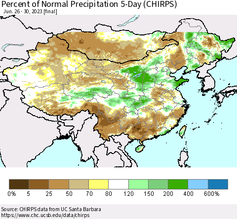 China, Mongolia and Taiwan Percent of Normal Precipitation 5-Day (CHIRPS) Thematic Map For 6/26/2023 - 6/30/2023