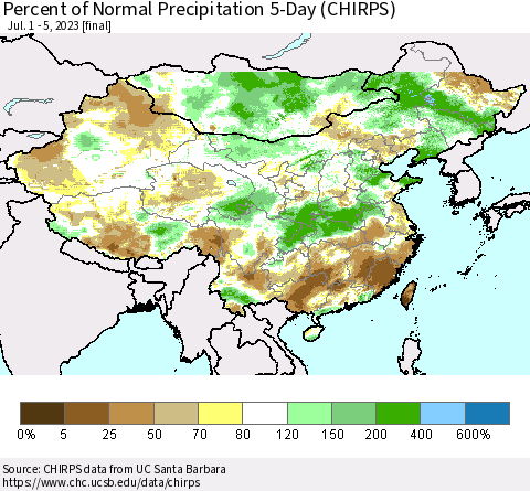 China, Mongolia and Taiwan Percent of Normal Precipitation 5-Day (CHIRPS) Thematic Map For 7/1/2023 - 7/5/2023