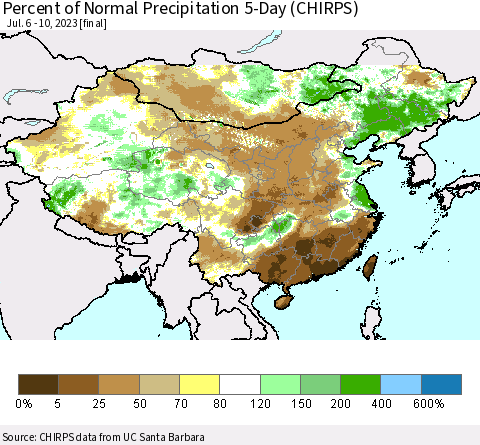 China, Mongolia and Taiwan Percent of Normal Precipitation 5-Day (CHIRPS) Thematic Map For 7/6/2023 - 7/10/2023