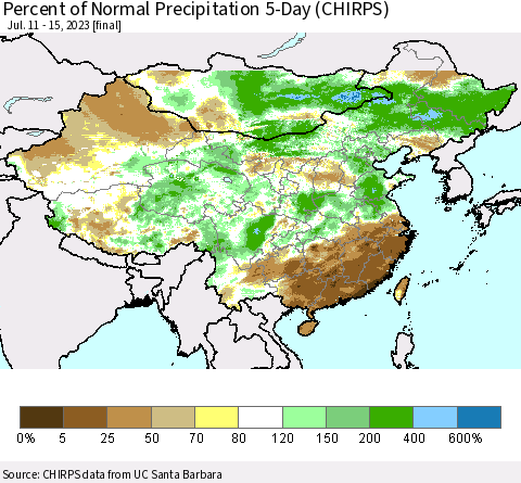 China, Mongolia and Taiwan Percent of Normal Precipitation 5-Day (CHIRPS) Thematic Map For 7/11/2023 - 7/15/2023