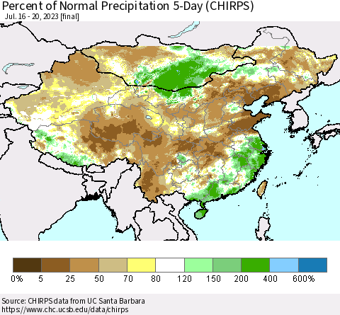 China, Mongolia and Taiwan Percent of Normal Precipitation 5-Day (CHIRPS) Thematic Map For 7/16/2023 - 7/20/2023