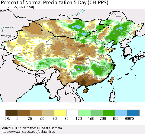 China, Mongolia and Taiwan Percent of Normal Precipitation 5-Day (CHIRPS) Thematic Map For 7/21/2023 - 7/25/2023