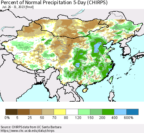 China, Mongolia and Taiwan Percent of Normal Precipitation 5-Day (CHIRPS) Thematic Map For 7/26/2023 - 7/31/2023