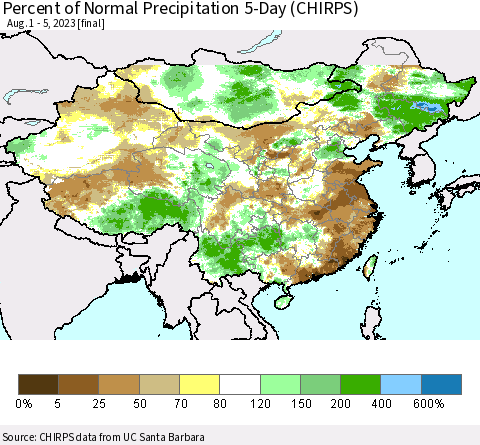 China, Mongolia and Taiwan Percent of Normal Precipitation 5-Day (CHIRPS) Thematic Map For 8/1/2023 - 8/5/2023