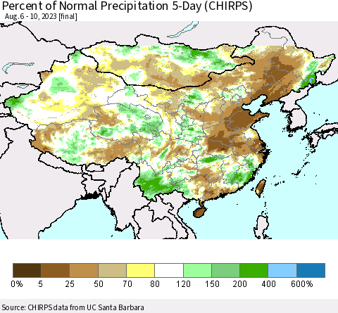 China, Mongolia and Taiwan Percent of Normal Precipitation 5-Day (CHIRPS) Thematic Map For 8/6/2023 - 8/10/2023