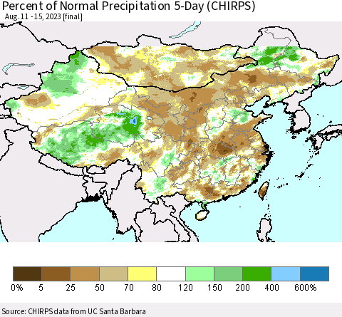 China, Mongolia and Taiwan Percent of Normal Precipitation 5-Day (CHIRPS) Thematic Map For 8/11/2023 - 8/15/2023