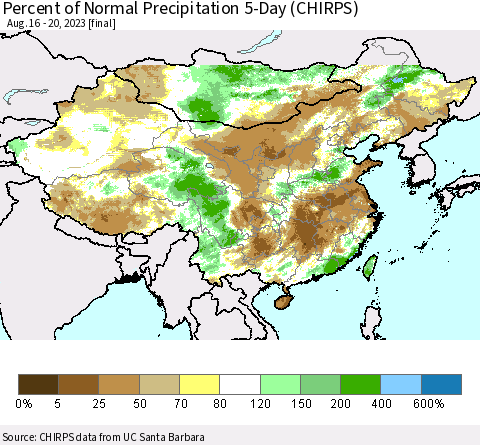 China, Mongolia and Taiwan Percent of Normal Precipitation 5-Day (CHIRPS) Thematic Map For 8/16/2023 - 8/20/2023