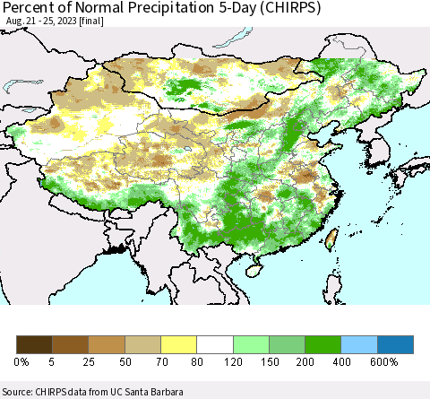 China, Mongolia and Taiwan Percent of Normal Precipitation 5-Day (CHIRPS) Thematic Map For 8/21/2023 - 8/25/2023