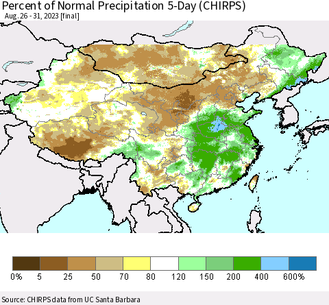 China, Mongolia and Taiwan Percent of Normal Precipitation 5-Day (CHIRPS) Thematic Map For 8/26/2023 - 8/31/2023
