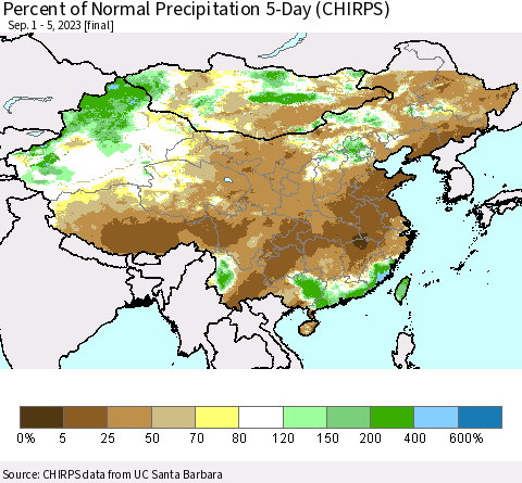 China, Mongolia and Taiwan Percent of Normal Precipitation 5-Day (CHIRPS) Thematic Map For 9/1/2023 - 9/5/2023