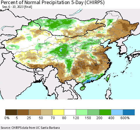 China, Mongolia and Taiwan Percent of Normal Precipitation 5-Day (CHIRPS) Thematic Map For 9/6/2023 - 9/10/2023