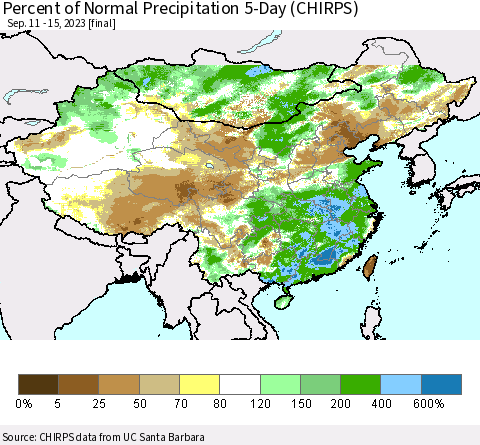 China, Mongolia and Taiwan Percent of Normal Precipitation 5-Day (CHIRPS) Thematic Map For 9/11/2023 - 9/15/2023