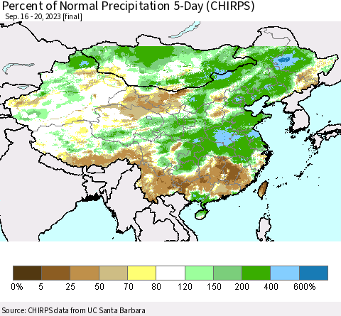 China, Mongolia and Taiwan Percent of Normal Precipitation 5-Day (CHIRPS) Thematic Map For 9/16/2023 - 9/20/2023