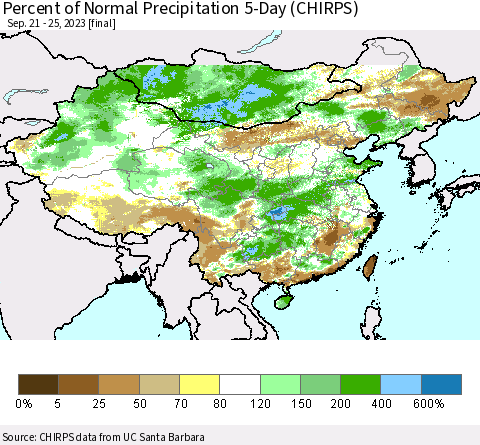 China, Mongolia and Taiwan Percent of Normal Precipitation 5-Day (CHIRPS) Thematic Map For 9/21/2023 - 9/25/2023