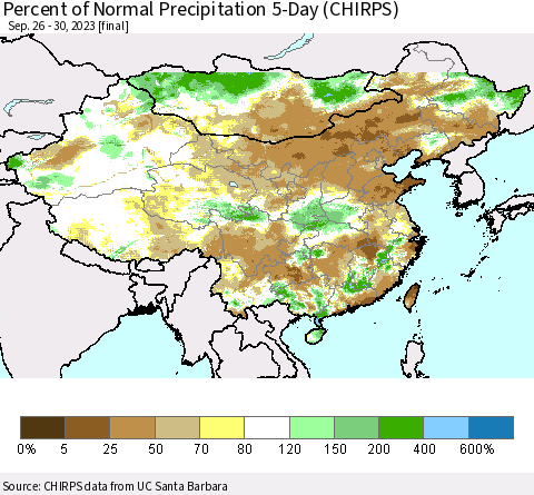 China, Mongolia and Taiwan Percent of Normal Precipitation 5-Day (CHIRPS) Thematic Map For 9/26/2023 - 9/30/2023