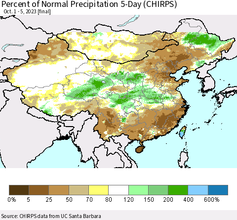 China, Mongolia and Taiwan Percent of Normal Precipitation 5-Day (CHIRPS) Thematic Map For 10/1/2023 - 10/5/2023