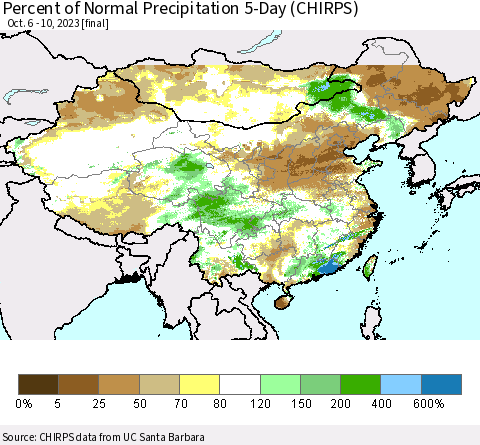 China, Mongolia and Taiwan Percent of Normal Precipitation 5-Day (CHIRPS) Thematic Map For 10/6/2023 - 10/10/2023