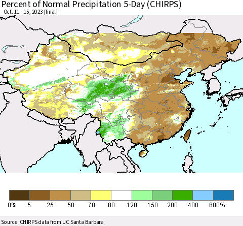 China, Mongolia and Taiwan Percent of Normal Precipitation 5-Day (CHIRPS) Thematic Map For 10/11/2023 - 10/15/2023