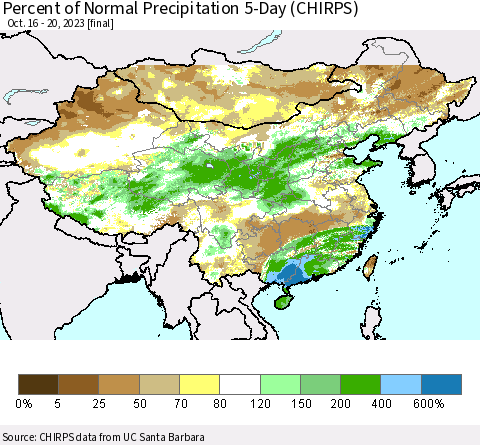 China, Mongolia and Taiwan Percent of Normal Precipitation 5-Day (CHIRPS) Thematic Map For 10/16/2023 - 10/20/2023