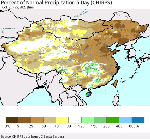 China, Mongolia and Taiwan Percent of Normal Precipitation 5-Day (CHIRPS) Thematic Map For 10/21/2023 - 10/25/2023