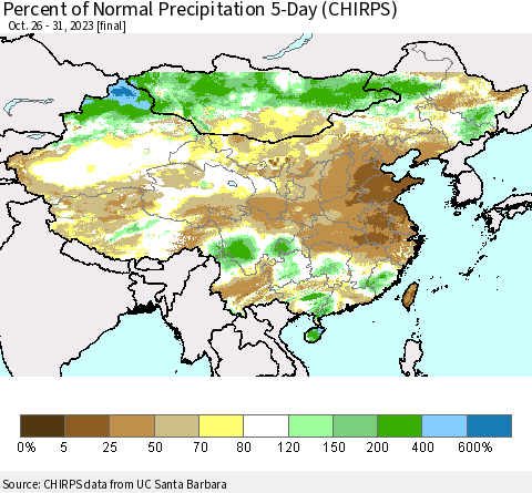 China, Mongolia and Taiwan Percent of Normal Precipitation 5-Day (CHIRPS) Thematic Map For 10/26/2023 - 10/31/2023