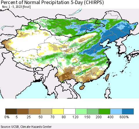 China, Mongolia and Taiwan Percent of Normal Precipitation 5-Day (CHIRPS) Thematic Map For 11/1/2023 - 11/5/2023