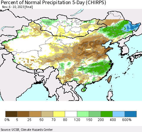 China, Mongolia and Taiwan Percent of Normal Precipitation 5-Day (CHIRPS) Thematic Map For 11/6/2023 - 11/10/2023
