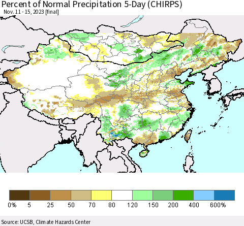 China, Mongolia and Taiwan Percent of Normal Precipitation 5-Day (CHIRPS) Thematic Map For 11/11/2023 - 11/15/2023
