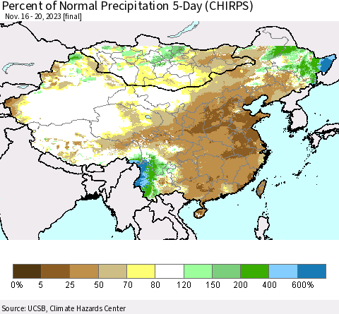 China, Mongolia and Taiwan Percent of Normal Precipitation 5-Day (CHIRPS) Thematic Map For 11/16/2023 - 11/20/2023