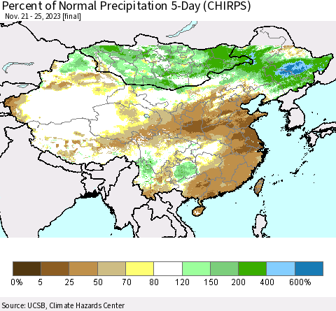 China, Mongolia and Taiwan Percent of Normal Precipitation 5-Day (CHIRPS) Thematic Map For 11/21/2023 - 11/25/2023