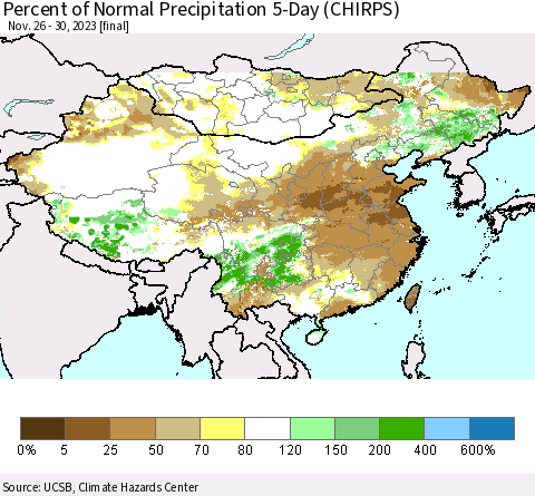 China, Mongolia and Taiwan Percent of Normal Precipitation 5-Day (CHIRPS) Thematic Map For 11/26/2023 - 11/30/2023