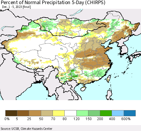 China, Mongolia and Taiwan Percent of Normal Precipitation 5-Day (CHIRPS) Thematic Map For 12/1/2023 - 12/5/2023
