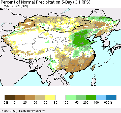 China, Mongolia and Taiwan Percent of Normal Precipitation 5-Day (CHIRPS) Thematic Map For 12/6/2023 - 12/10/2023