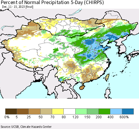 China, Mongolia and Taiwan Percent of Normal Precipitation 5-Day (CHIRPS) Thematic Map For 12/11/2023 - 12/15/2023