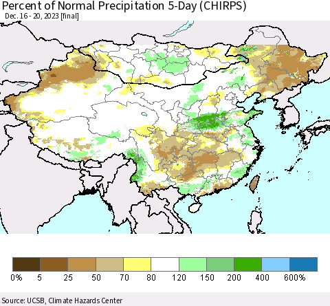 China, Mongolia and Taiwan Percent of Normal Precipitation 5-Day (CHIRPS) Thematic Map For 12/16/2023 - 12/20/2023
