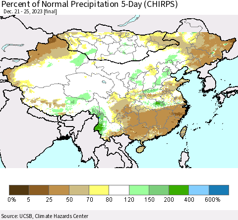 China, Mongolia and Taiwan Percent of Normal Precipitation 5-Day (CHIRPS) Thematic Map For 12/21/2023 - 12/25/2023