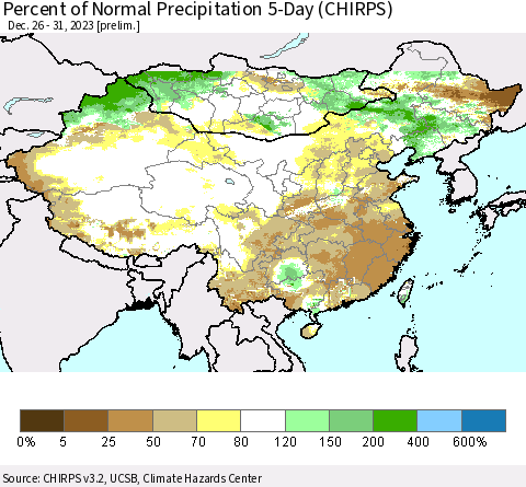 China, Mongolia and Taiwan Percent of Normal Precipitation 5-Day (CHIRPS) Thematic Map For 12/26/2023 - 12/31/2023