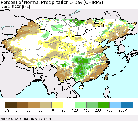 China, Mongolia and Taiwan Percent of Normal Precipitation 5-Day (CHIRPS) Thematic Map For 1/1/2024 - 1/5/2024