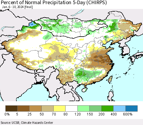 China, Mongolia and Taiwan Percent of Normal Precipitation 5-Day (CHIRPS) Thematic Map For 1/6/2024 - 1/10/2024